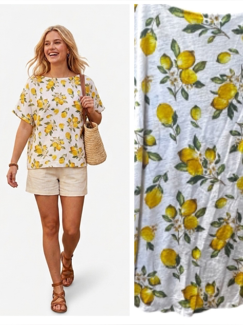 Cynthia Rowley NWT Linen Lyocell Lemon Print XL Tee Top Yellow Lightweight Crew